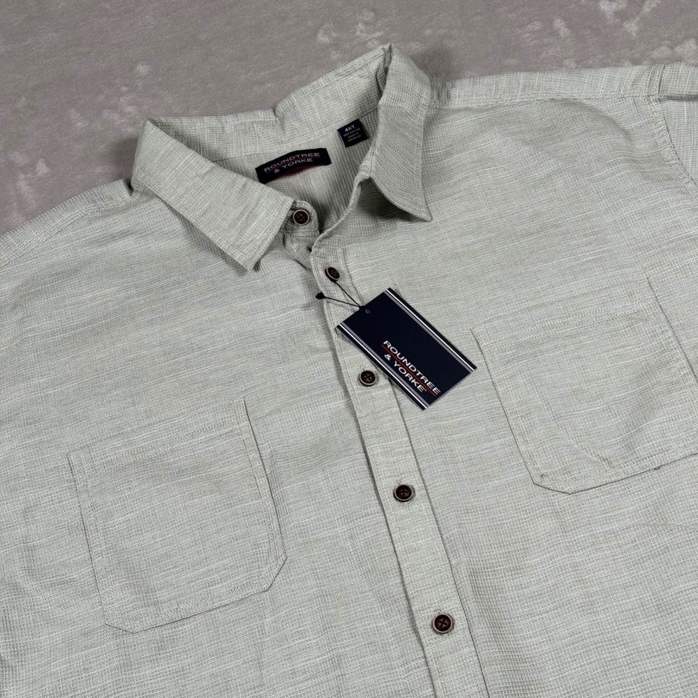 Roundtree & Yorke Button Down Shirt Mens 4XT Green Short Sleeve Slub Cotton NWT